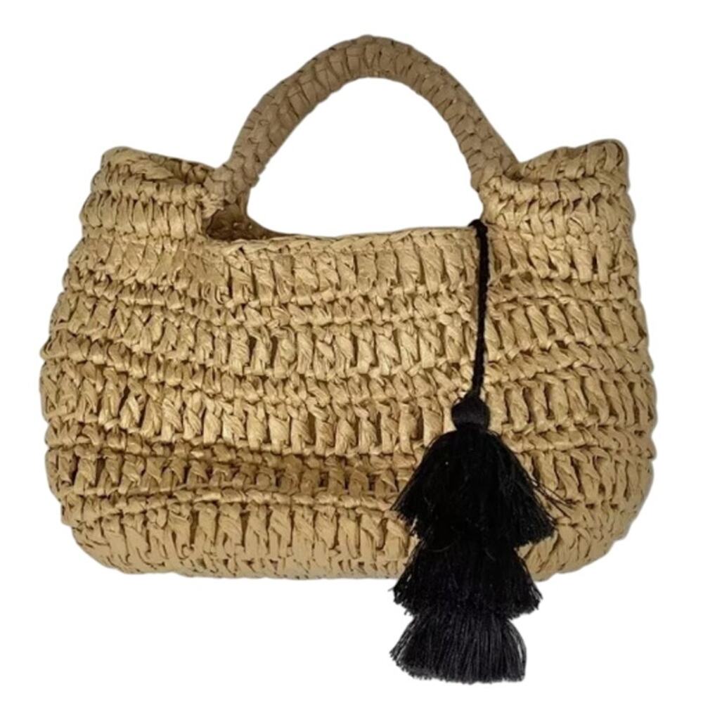 Stylish Gold Woven Mini Bag with Black Tassel